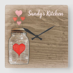 Mason Jar et les coeurs Horloge de cuisine personn