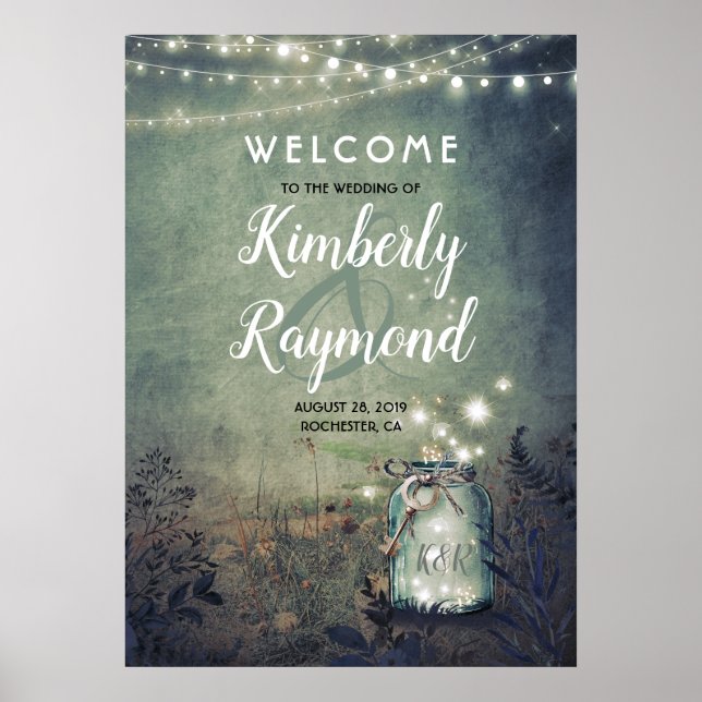 Mason Jar Fireflies Rustic Wedding Welcome Sign Poster (Vorne)