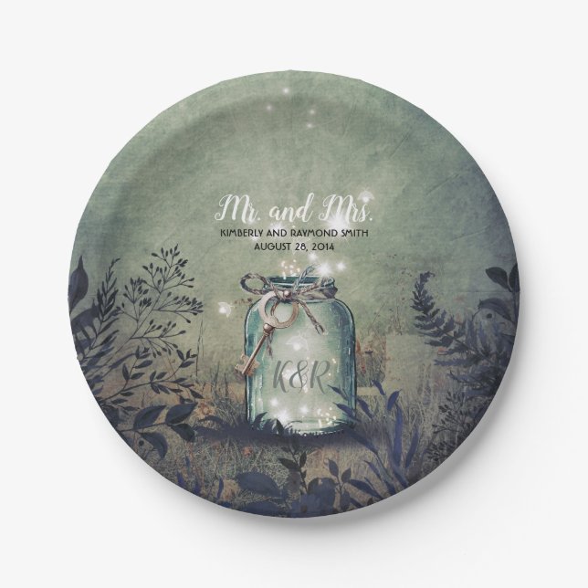 Mason Jar Fireflies Rustic Woodland Wedding Pappteller (Vorderseite)
