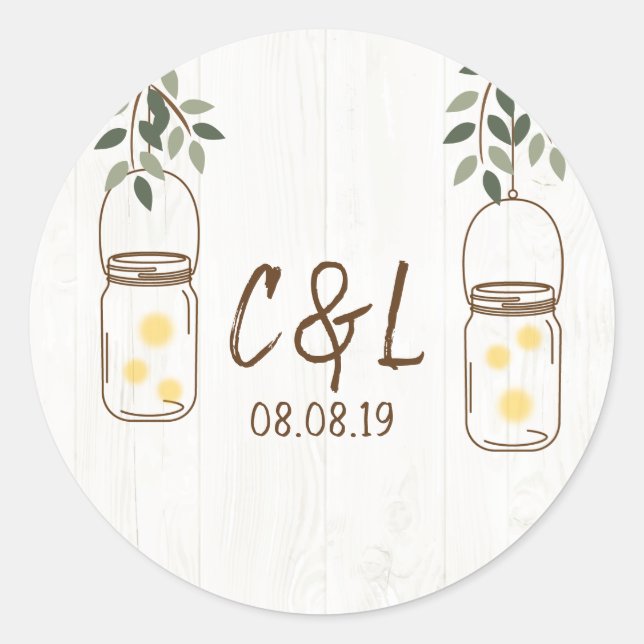 Mason Jar & Fireflies Rustische Hochzeit Runder Aufkleber (Vorderseite)