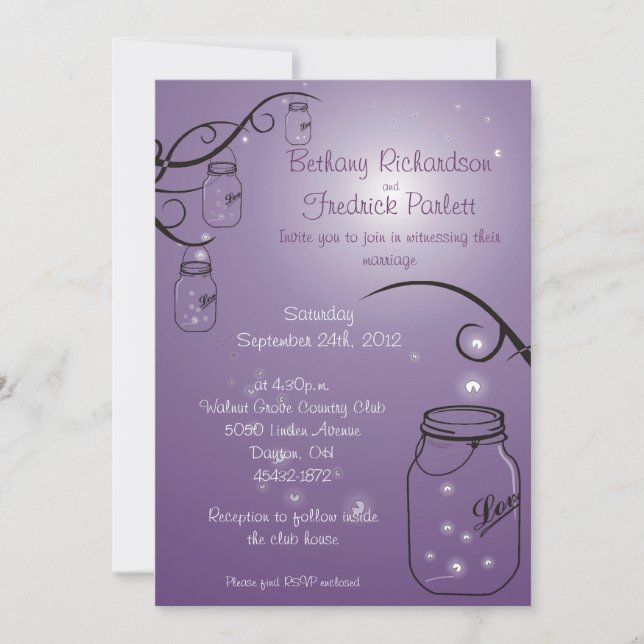 Mason Jar Firefly Hochzeit Einladung Lila Trauben (Vorderseite)