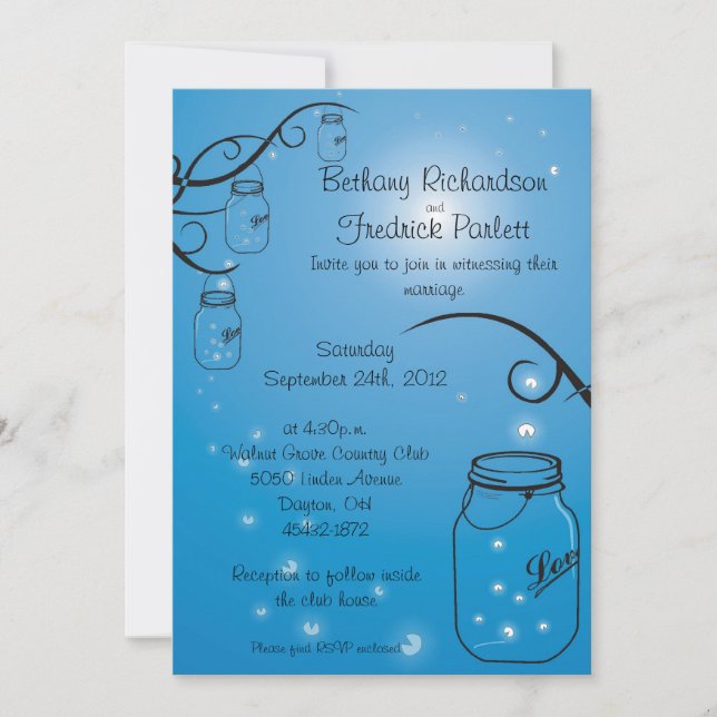 Mason Jar Firefly Wedding Invitation Medium Blue Einladung (Vorderseite)