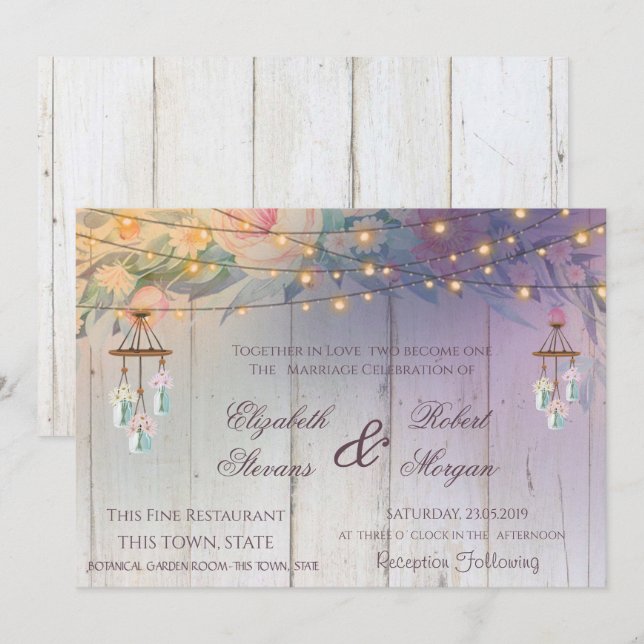 Mason Jar, Fleurs, Mariage de bois Invitation Flor (Devant / Derrière)