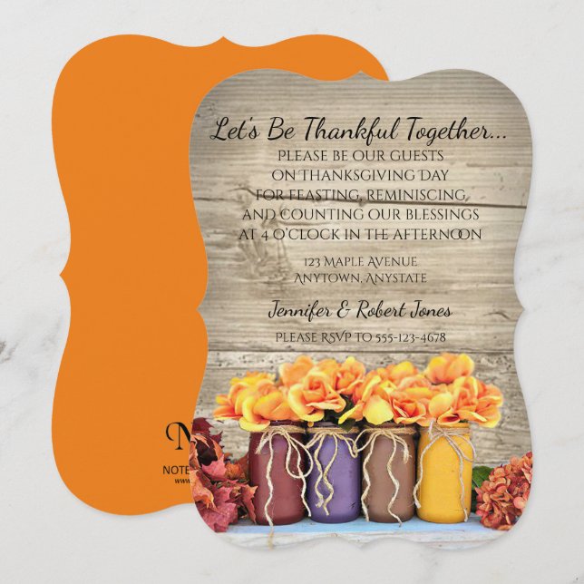 Mason Jar Fleurs Rustiques Thanksgiving Invitation (Devant / Derrière)