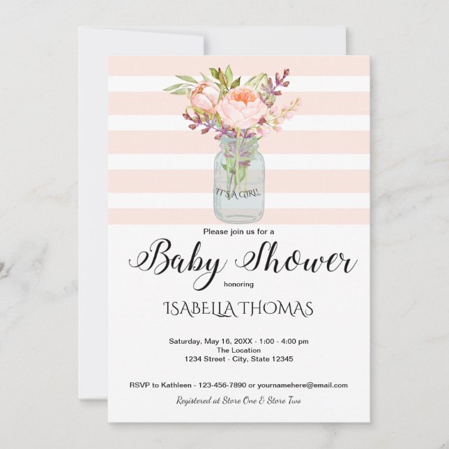 Mason Jar Floral Bouquet Blue Stripes Baby Dusche Einladung (Vorderseite)