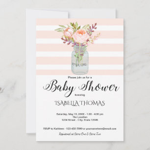 Mason Jar Floral Bouquet Blue Stripes Baby Dusche Einladung