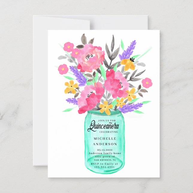 Mason Jar Floral Bouquet Quinceanera Carte magnéti (Recto)