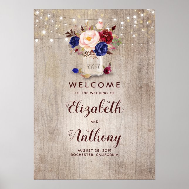 Mason Jar Floral Rustikale Hochzeit Begrüßungszeic Poster (Vorne)