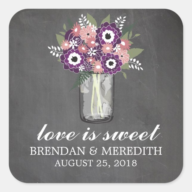 Mason Jar Floral Wedding Quadratischer Aufkleber (Vorderseite)