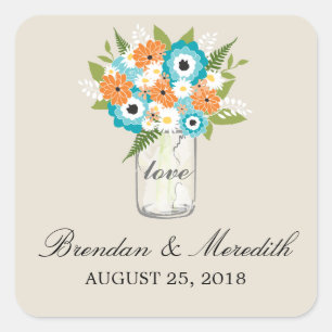 Mason Jar Floral Wedding Quadratischer Aufkleber