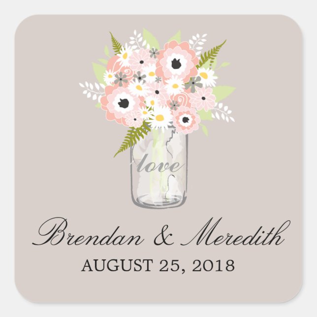 Mason Jar Floral Wedding Quadratischer Aufkleber (Vorderseite)