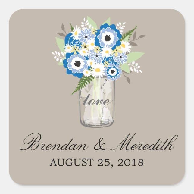 Mason Jar Floral Wedding Quadratischer Aufkleber (Vorderseite)
