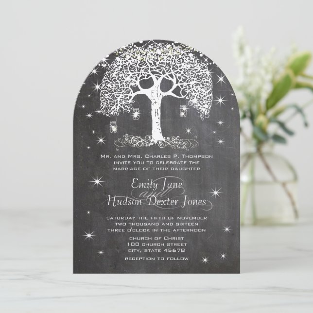 Mason Jar Forest Chalkboard Tree Einladung (Stehend Vorderseite)