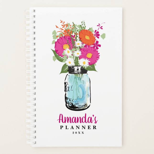 Mason Jar Fuchsia Pink Orange Gerber Daisies Planer (Vorderseite)