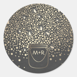 Mason Jar Gold Fireflies Rustic Chalkboard Wedding Runder Aufkleber