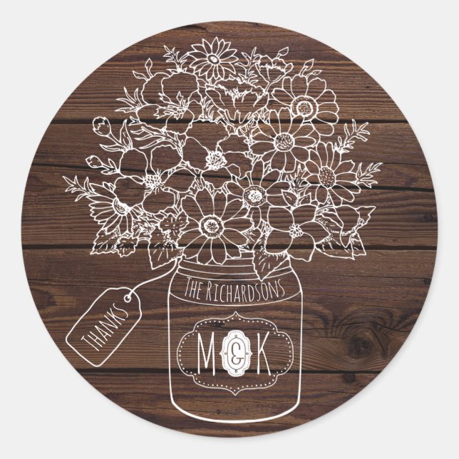 Mason Jar Hochzeit Jubiläum Wildblumen Rustikal Runder Aufkleber (Vorderseite)
