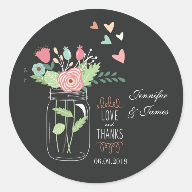 Mason Jar Holzkohle Hochzeitsticker bevorzugt Sieg Runder Aufkleber (Vorderseite)