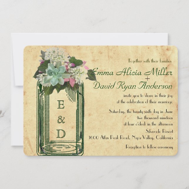 Mason Jar Hydrangeas Mariage Succulent Invitation (Devant)