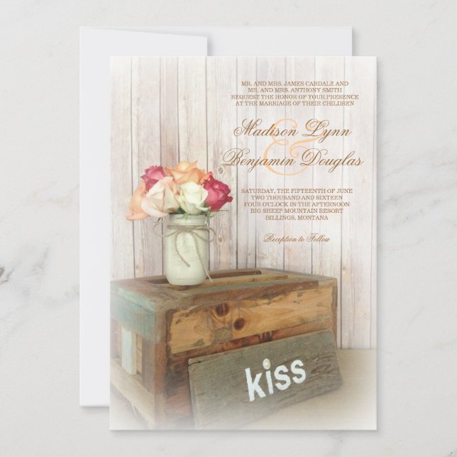 Mason Jar Kiss Wood Rustic Country Wedites Einladung (Vorderseite)