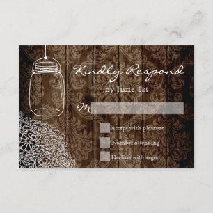 Mason Jar Lace Barn Wood Wedding RSVP Cards Karte