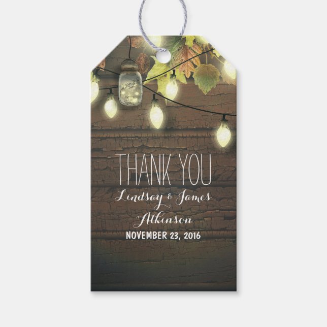 Mason Jar Leuchten und Herbstlaube Rustikaler Stal Geschenkanhänger (Vorderseite)