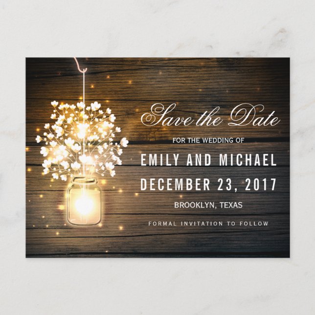 Mason Jar leuchtend Lichter blühend Save the Date Ankündigungspostkarte (Vorderseite)
