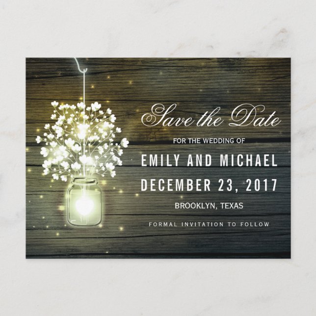 Mason Jar leuchtend Lichter blühend Save the Date Ankündigungspostkarte (Vorderseite)
