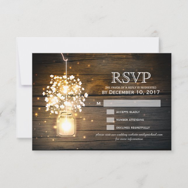 Mason Jar leuchtende Lichter florale RSVP Karte (Vorderseite)