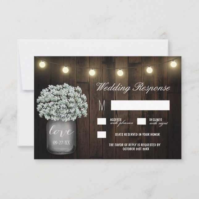 Mason Jar Lights Babys Breath Wedding RSVP Cards (Vorderseite)
