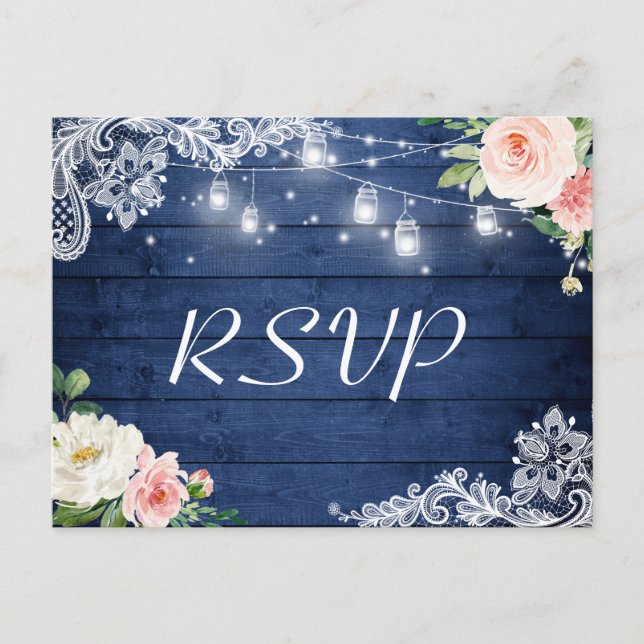Mason Jar Lights Floral Rustic Blue Wedding RSVP Einladungspostkarte (Vorderseite)