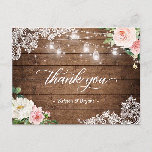 Mason Jar Lights Floral Rustic Wedding Vielen Dank Postkarte (Vorderseite)