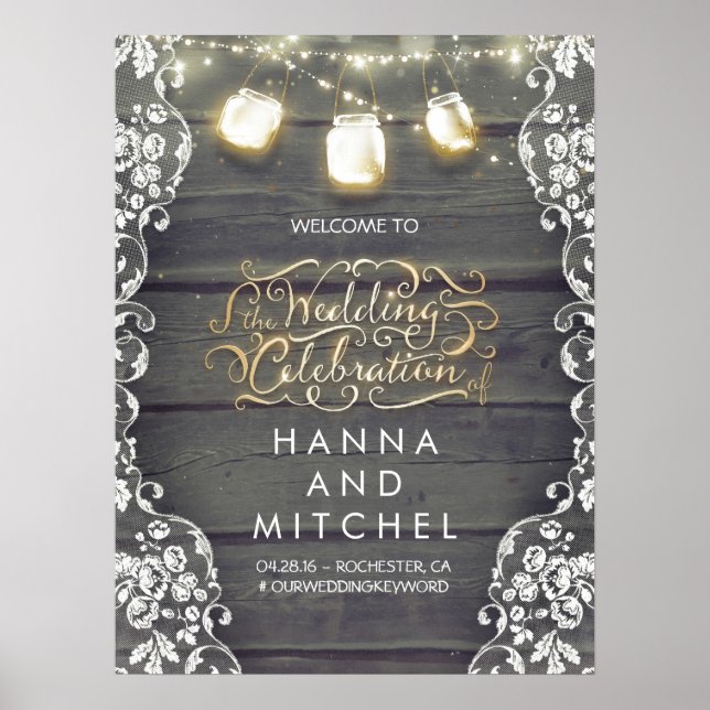 Mason Jar Lights Lace Mariage Affiche de bienvenue (Devant)