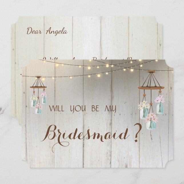 Mason Jar Lights Rustic, Wood Bridesmaid Card Einladung (Vorne/Hinten)