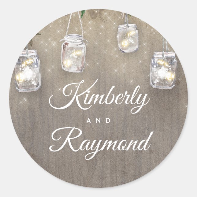 Mason Jar Lights Rustische Hochzeit Runder Aufkleber (Vorderseite)