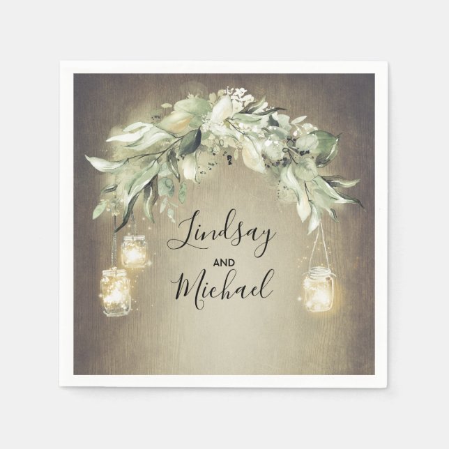 Mason Jar Lights und Grüne Rustikale Hochzeit Serviette (Vorderseite)