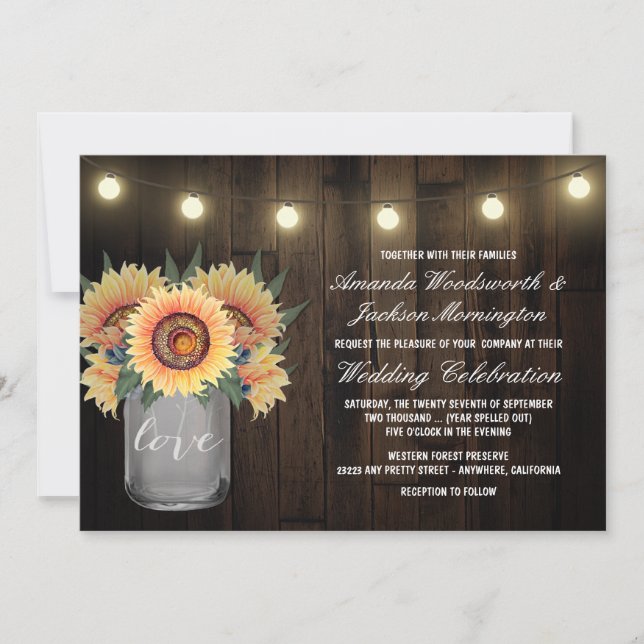 Mason Jar Lights und Sonnenblumen Einladungen für  (Vorderseite)