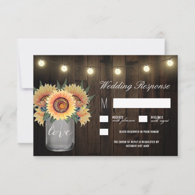 Mason Jar Lights und Sunflower Wedding RSVP Karten (Vorderseite)