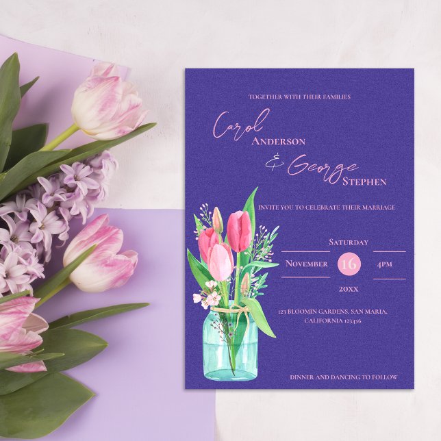 Mason Jar Lila & Blush Tulip Hochzeit Einladung (Mason Jar Purple & Blush Tulip Wedding Invitation)