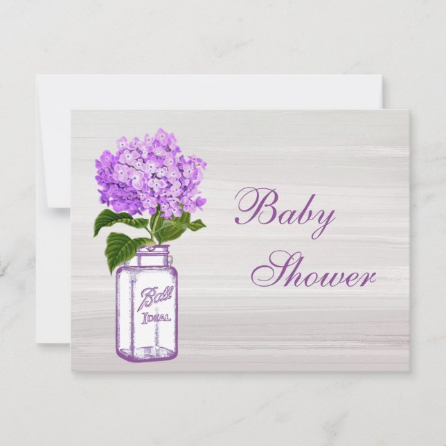 Mason Jar & Lila Hydrangea Chic Gray Baby Dusche Einladung (Vorderseite)