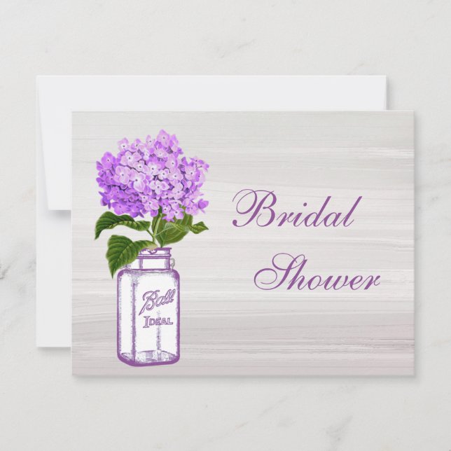 Mason Jar & Lila Hydrangea Grau Brautparty Einladung (Vorderseite)