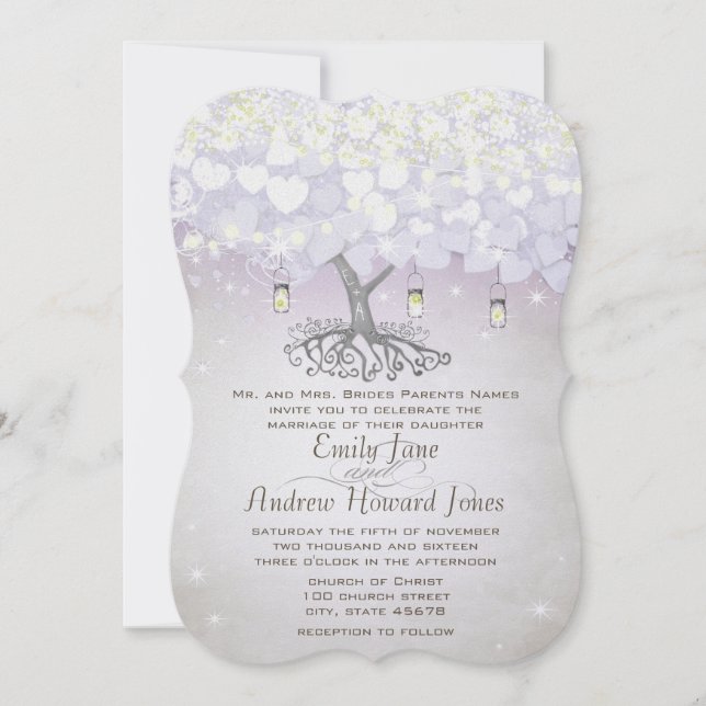 Mason Jar Lila Lavender Heart Leaf Tree Wedding Einladung (Vorderseite)