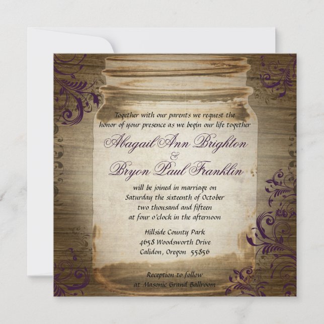 Mason Jar Lila Square Einladung zur Hochzeit (Vorderseite)