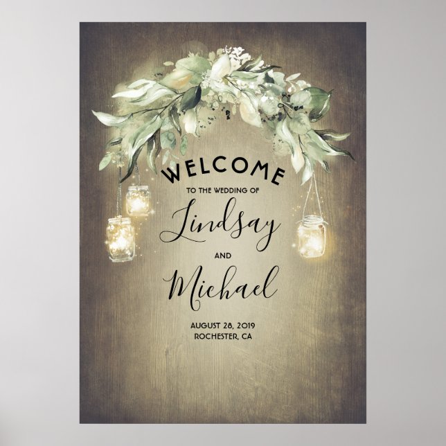 Mason Jar Lumières et Affiche de bienvenue Mariage (Devant)