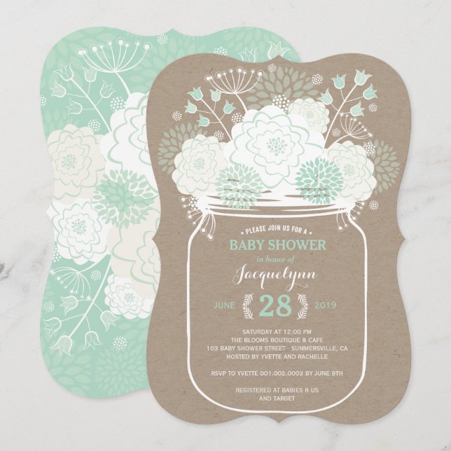 Mason Jar Mint Blooms Kraft Babydusche einladen Einladung (Vorne/Hinten)