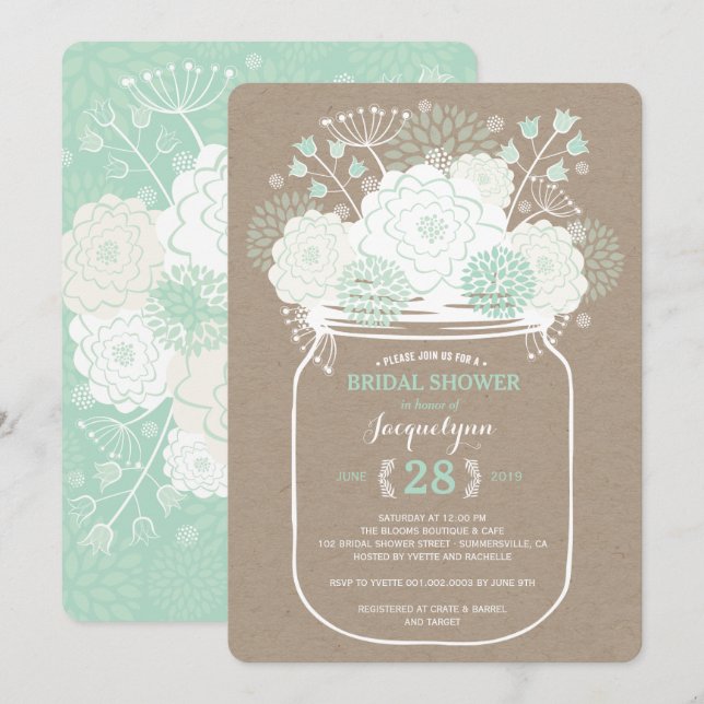Mason Jar Mint Spring Blooms Brautparty einladen Einladung (Vorne/Hinten)