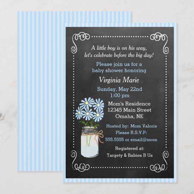 Mason Jar mit Blue Flowers Country Baby Dusche Einladung (Vorne/Hinten)