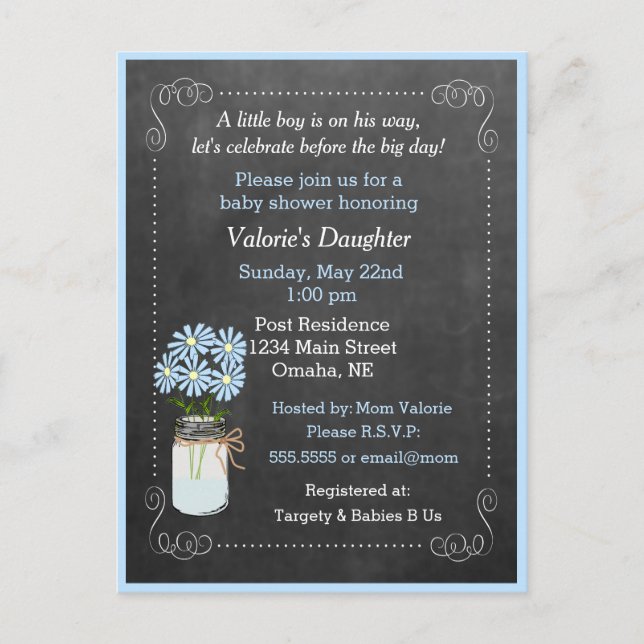Mason Jar mit Blume Blue Baby Dusche Einladungspostkarte (Vorderseite)