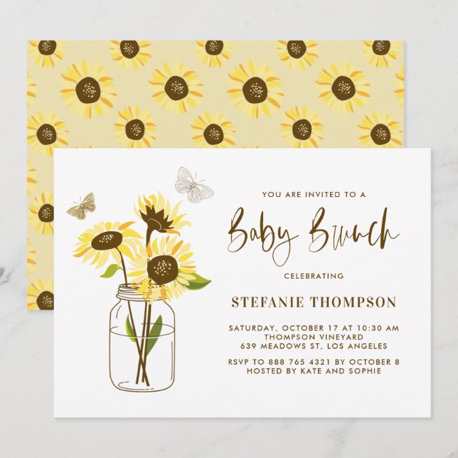 Mason Jar mit gelben Sonnenblumen Baby Brunch Einladung (Vorne/Hinten)