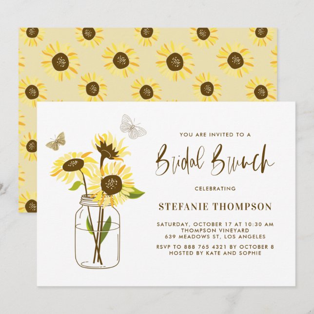 Mason Jar mit gelben Sonnenblumen Bridal Brunch Einladung (Vorne/Hinten)