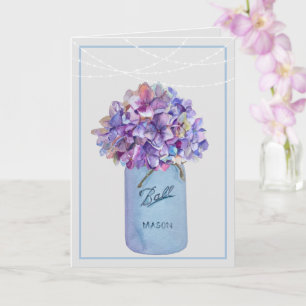 Mason Jar mit Lila Hydrangeas-String-Leuchten Karte